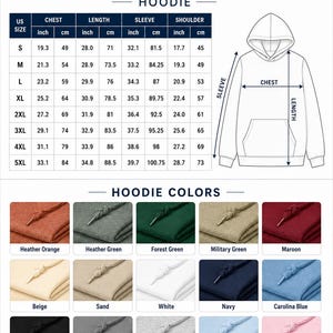 Puede incluir: Una tabla de tallas de sudadera con capucha con un dibujo lineal que muestra las medidas de pecho y largo. Una tabla enumera las tallas estadounidenses de S a 5XL con medidas en pulgadas y cm para pecho, largo, manga y hombro. Hay quince muestras de color.