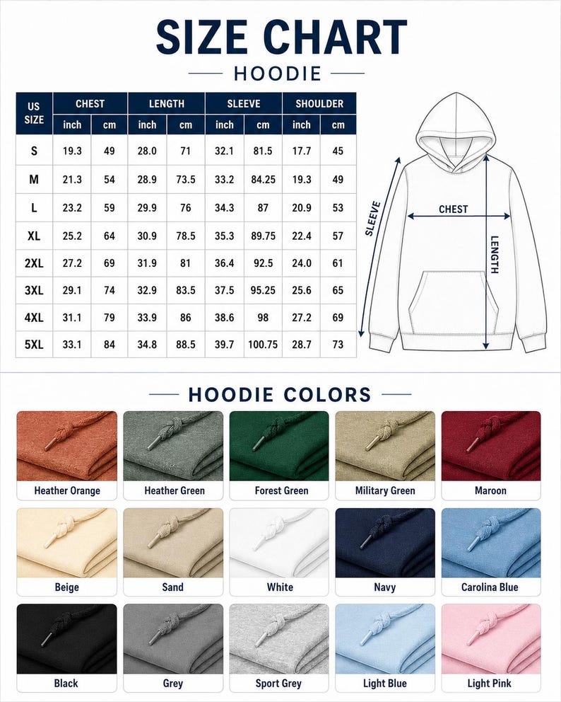 Puede incluir: Una tabla de tallas de sudadera con capucha con un dibujo lineal que muestra las medidas de pecho y largo. Una tabla enumera las tallas estadounidenses de S a 5XL con medidas en pulgadas y cm para pecho, largo, manga y hombro. Hay quince muestras de color.