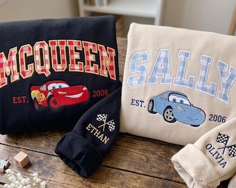 Sudadera personalizada con bordado de coches, sudadera infantil estilo universitario personalizada, camiseta de Rayo McQueen, conjunto familiar a juego, regalo de cumpleaños**