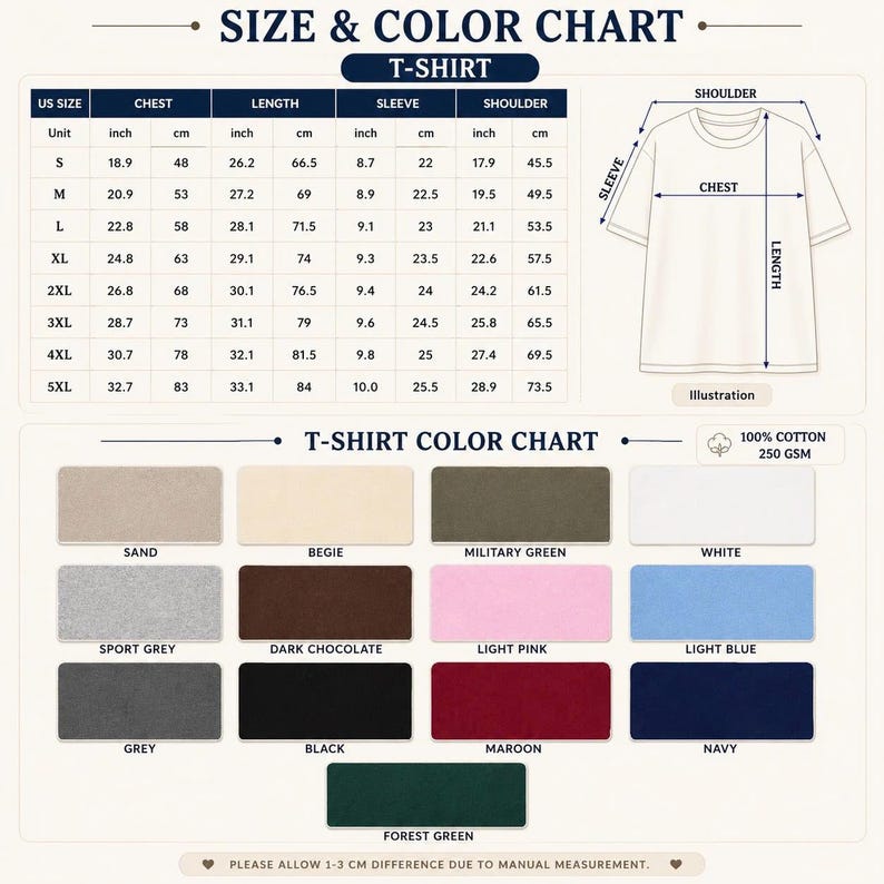 May include: A size and color chart for a t-shirt, featuring a table with measurements in inches and centimeters for sizes S through 5XL. An illustration shows shoulder, sleeve, chest, and length points. A color chart displays 13 fabric color swatches.
