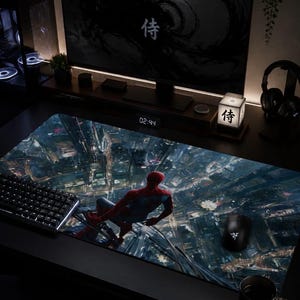 Customizable Neoprene Desk Mat: Spiderman Cityscape Design, Anti-Slip Office Accessory
