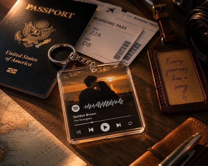 May include: A square acrylic keyring featuring a printed music player interface with a sunset photo of a couple, a sound wave graphic, and the text Golden Brown by The Stranglers, complete with playback controls and a silver metal split ring attachment.
