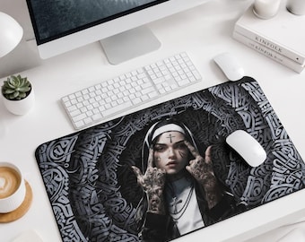 Gotische nonnen bureauonderlegger, extra grote gaming muismat, bureau-opstelling in tattoo-stijl
