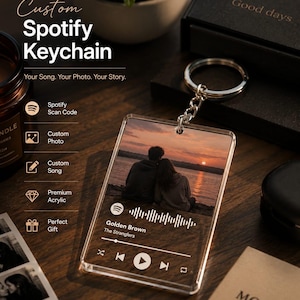 Peut inclure: Un porte-clés rectangulaire en acrylique transparent présentant une photographie imprimée de deux personnes assises au bord d'un lac au coucher du soleil. Il affiche un code Spotify blanc, le titre Golden Brown et des commandes de lecture.