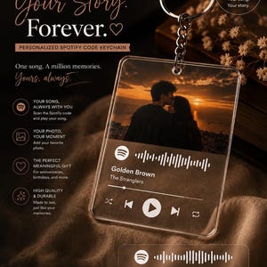 May include: A clear square acrylic keyring featuring a printed photograph of a couple at sunset, a Spotify code, and the song title Golden Brown by The Stranglers. The keyring includes a silver metal ring and chain for attachment.