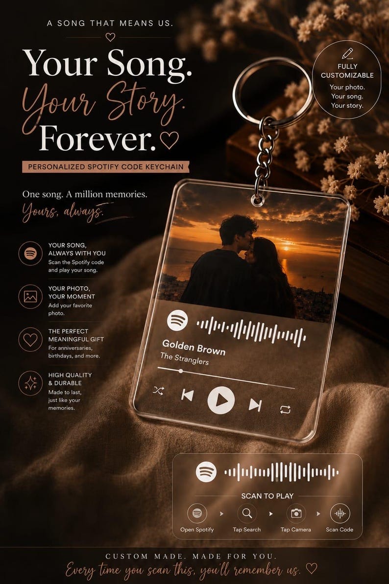 May include: A clear square acrylic keyring featuring a printed photograph of a couple at sunset, a Spotify code, and the song title Golden Brown by The Stranglers. The keyring includes a silver metal ring and chain for attachment.