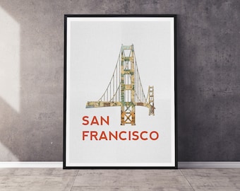 San Francisco CA Golden Gate Bridge Kunstdruck | Silhouette mit Vintage Karte | Mehrere Größen verfügbar | Ungerahmter Druck per Post an Sie