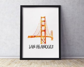 San Francisco CA Golden Gate Bridge Art Print | Silhouette with Watercolor Look | Multiple Sizes Available | Unframed Print Mailed to You