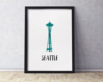 Seattle WA Art Print | Space Needle | Silhouette with Watercolor Look | Multiple Sizes Available | Unframed Print Mailed to You