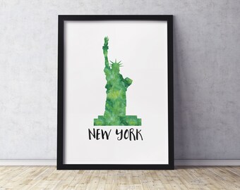 NYC New York Freiheitsstatue Kunstdruck | Silhouette im Aquarell-Look | Mehrere Größen verfügbar | Ungerahmter Druck per Post an Sie