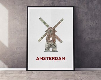 Amsterdam Niederlande Windmühle Kunstdruck | Silhouette mit Vintage Karte | Mehrere Größen verfügbar | Ungerahmter Druck per Post an Sie