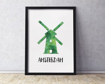 Amsterdam Niederlande Windmühle Kunstdruck | Silhouette im Aquarell-Look | Mehrere Größen verfügbar | Ungerahmter Druck per Post an Sie