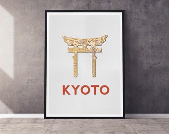 Kyoto Japan Shinto Shrine Art Print | Silhouette with Vintage Map | Multiple Sizes Available | Unframed Poster Mailed to You