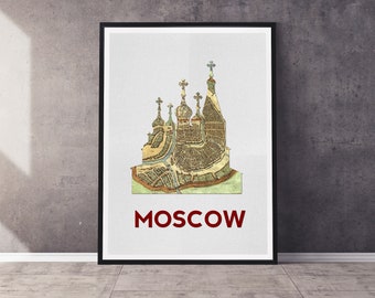 Moskau Russland Basilius Kathedrale Kunstdruck | Silhouette mit Vintage Karte | Mehrere Größen verfügbar | Ungerahmter Druck per Post an Sie