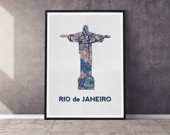 Rio de Janeiro Brazil Christ the Redeemer Art Print | Silhouette with Vintage Map | Multiple Sizes Available | Unframed Print Mailed to You