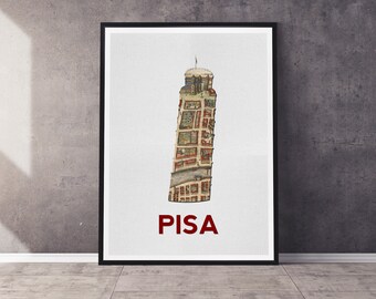 Pisa Italien Kunstdruck | Schiefer Turm von Pisa | Silhouette mit Vintage Karte | Mehrere Größen verfügbar | Ungerahmter Druck per Post an Sie