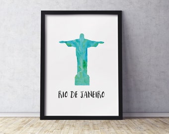 Rio de janeiro Brasilien Christus der Erlöser Kunstdruck | Silhouette & Aquarell-Look | Mehrere Größen verfügbar | Ungerahmter Druck per Post an Sie