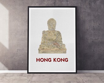 Hong Kong Buddha Art Print | Silhouette with Vintage Map | Multiple Sizes Available | Unframed Poster Mailed to You