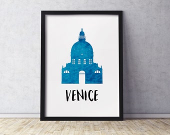 Venice Italy Art Print | Santa Maria Cathedral | Silhouette with Watercolor Look | Multiple Sizes Available | Unframed Print Mailed to You