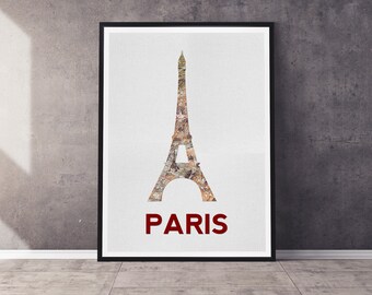 Paris France Eiffel Tower Art Print | Silhouette with Vintage Map | Multiple Sizes Available | Unframed Print Mailed to You