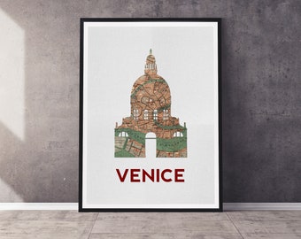 Venice Italy Art Print | Santa Maria Cathedral | Silhouette with Vintage Map | Multiple Sizes Available | Unframed Print Mailed to You