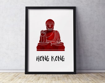 Hong Kong Buddha Kunstdruck | Silhouette im Aquarell-Look | Mehrere Größen verfügbar | Ungerahmtes Poster an Sie versendet