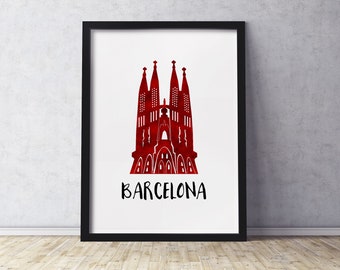 Barcelona Spain Sagrada Familia Art Print | Silhouette with Watercolor Look | Multiple Sizes Available | Unframed Print Mailed to You