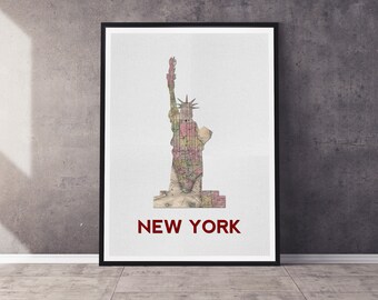 NYC New York Freiheitsstatue Kunstdruck | Silhouette mit Vintage Karte | Mehrere Größen verfügbar | Ungerahmter Druck per Post an Sie