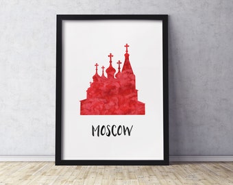 Moscow Russia Saint Basil's Cathedral Art Print | Silhouette with Watercolor Look | Multiple Sizes Available | Unframed Print Mailed to You