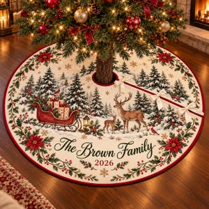 Peut inclure: Une jupe de sapin de Noël ronde couleur crème avec une scène hivernale festive, un traîneau rouge, des cerfs et une bordure de poinsettias. Le texte indique The Brown Family 2026. Elle possède des rubans blancs pour la fermeture.