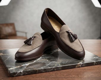 Handmade tan suede leather tassels loafer for men's _ bespoke slip _on Dress shoes - Formal weeding and bussines footwear