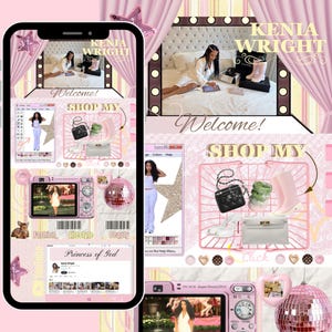 May include: A digital collage featuring the text Kenia Wright and Welcome. It includes a pink shopping basket containing a black quilted handbag, a white handbag, white heels, and light pink boots. A pink digital camera and disco ball are visible.
