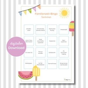 Könnte beinhalten: Eine druckbare Bingo-Spielkarte mit dem Titel Familienzeit Bingo Sommer, bestehend aus einem Raster mit sechzehn Feldern mit deutschem Text, verziert mit bunten Illustrationen von Wimpelketten, einer Sonne, einer Wassermelone und Eis am Stiel.