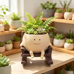 May include: A cream-colored ceramic planter shaped like a round character with a simple smiling face, sitting on a small brown wooden rocking chair. The planter is filled with a green fern and several small succulent plants.