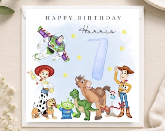 Carte d'anniversaire personnalisée sur le thème des jouets | Carte d'anniversaire personnalisée selon l'âge | Carte d'anniversaire Buzz, Woody, Jess |