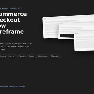 May include: A digital download UX template titled Ecommerce Checkout Flow Wireframe Kit on a dark background. It features three white browser window wireframes and a list of seven annotated screens including Cart, Address, Delivery, Payment, Review, Confirmation, and Edge cases.