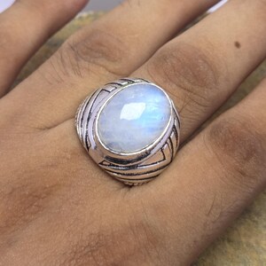 925 Sterling Silver Rainbow Moonstone Statement Ring, Oxidized Blue Flash Gemstone