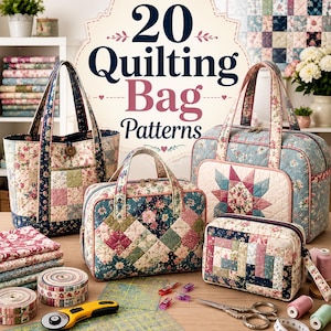 May include: A collection of quilted fabric bags featuring floral and geometric patterns in shades of blue, pink, and cream. The image includes a tote, two rectangular zippered pouches, and a larger travel bag, alongside sewing supplies and text.