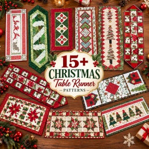 Könnte beinhalten: Eine Sammlung rechteckiger Tischläufer aus Stoff mit verschiedenen weihnachtlichen Patchwork-Designs in Rot, Grün und Weiß. In der Mitte des Bildes befindet sich ein dekoratives Schild mit dem Text 15+ CHRISTMAS Table Runner PATTERNS.