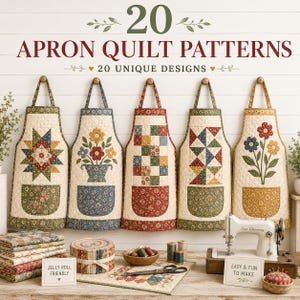 May include: A collection of 20 apron quilt patterns featuring five quilted aprons with floral and geometric designs, a stack of fabric, a jelly roll, sewing spools, scissors, and a sewing machine with signs reading 20 APRON QUILT PATTERNS.
