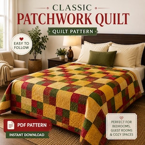 May include: A patchwork quilt featuring a grid of square fabric patches in shades of red, yellow, and green. The text CLASSIC PATCHWORK QUILT, QUILT PATTERN, EASY TO FOLLOW, PDF PATTERN, INSTANT DOWNLOAD, and PERFECT FOR BEDROOMS, GUEST ROOMS & COZY SPACES is visible.