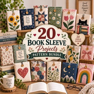 May include: A collection of twenty quilted fabric book sleeves featuring various designs including sunflowers, floral patterns, a black cat, hearts, rainbows, and geometric shapes, each secured with a wooden button closure and displayed as a pattern bundle.