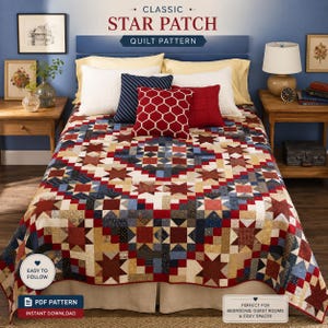 May include: A quilt pattern titled Classic Star Patch Quilt Pattern featuring a geometric star design in red, blue, and tan fabric squares. The quilt covers a bed with white and patterned pillows, including a red pillow with a white grid pattern.