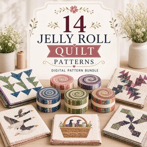 Può includere: Un pacchetto di modelli digitali intitolato 14 Jelly Roll Quilt Patterns che presenta una collezione di trapunte in tessuto piegato e diverse strisce di tessuto arrotolate in vari colori e stampe floreali su una superficie in legno con accenti floreali.