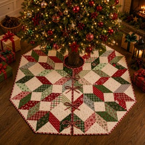 May include: A quilted Christmas tree skirt featuring a geometric star pattern in red, green, and white fabric patches. The circular mat has a central opening with four fabric ties along the slit to secure it around the base of a tree.