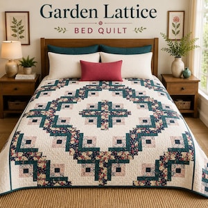 Peut inclure: Un couvre-lit présentant un motif Garden Lattice avec un fond crème, des bordures géométriques bleu sarcelle foncé et des accents à motifs floraux. Le couvre-lit est disposé sur un lit avec deux oreillers crème, deux bleu sarcelle et un coussin lombaire rouge.