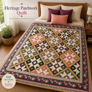 Może przedstawiać: Narzuta patchwork z powtarzającym się wzorem gwiazd w odcieniach różu, zieleni, żółci i ciemnego fioletu, wykończona kwiatowym nadrukiem. Narzuta znajduje się na łóżku z dwiema kremowymi poduszkami i dwiema mniejszymi, jednokolorowymi poduszkami.