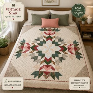 May include: A quilt featuring a central star pattern in shades of red, green, and cream, with a diamond-stitched texture. The quilt is displayed on a bed with two olive green pillows and one coral pink pillow. Text overlays include VINTAGE STAR QUILT PATTERN, EASY TO FOLLOW, PDF PATTERN, INSTANT DOWNLOAD, and PERFECT FOR BEDROOM DÉCOR & QUILT DISPLAYS.