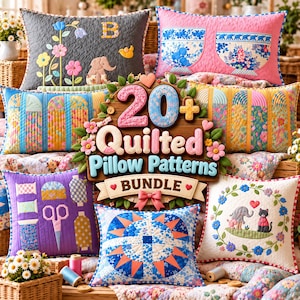 May include: A collection of seven decorative quilted pillows featuring various designs including floral patterns, an elephant, a cat, and sewing tools, centred around a wooden sign with the text 20+ Quilted Pillow Patterns BUNDLE.