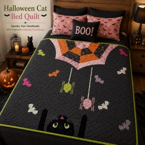 May include: A Halloween cat bed quilt featuring a dark gray background with a black cat face at the bottom, colorful hanging spiders, and scattered bats. The quilt includes a spiderweb pattern at the top and a bright green border trim.